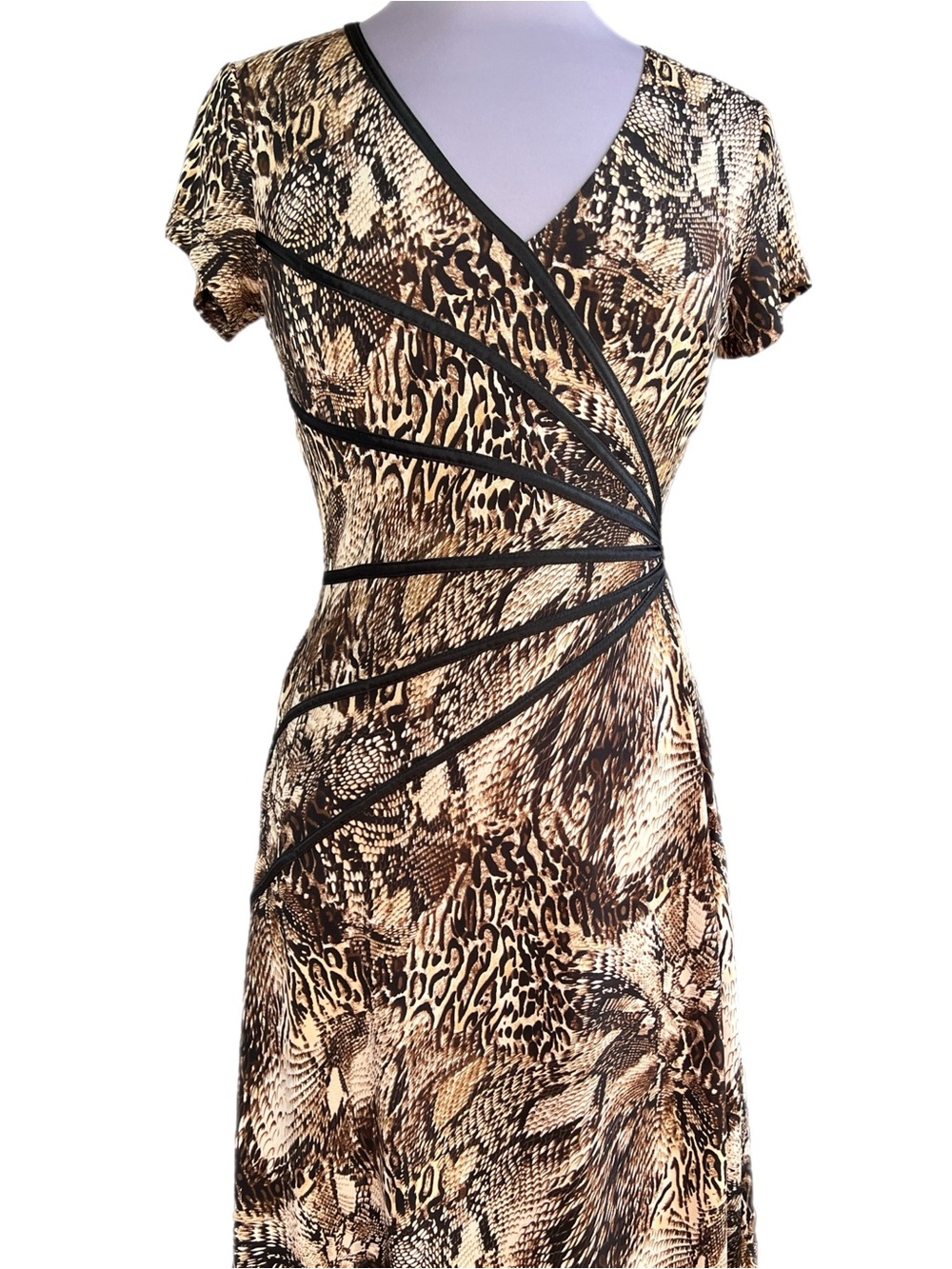 Connected Apparel Animal Print V-Neck Wrap Dress in Browns and Blacks - Size 8